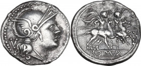 H series. AR Quinarius, uncertain Picenian mint (Hatria?), 214 BC. Obv. Helmeted head of Roma right; behind, V. Rev. The Dioscuri galloping right; bel...