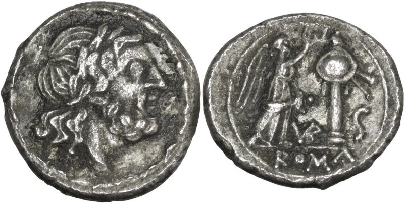 VB series. AR Half-Victoriatus, uncertain Samnite mint, 212 BC. Obv. Laureate he...