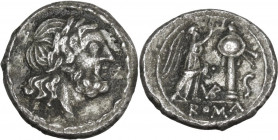 VB series. AR Half-Victoriatus, uncertain Samnite mint, 212 BC. Obv. Laureate head of Jupiter right. Rev. Victory standing right, crowning trophy; bet...