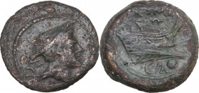 CA series. AE hybrid Uncia, c. 206-195. Canusium mint (?). Obv. Head of Mercury right; behind neck, CA. Rev. Prow right; above, ROMA; below, CA and pe...