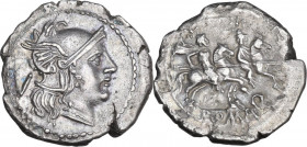 Q series. AR Quinarius, uncertain Apulian mint (Luceria?), 211 BC. Obv. Helmeted head of Roma right; behind, V. Rev. The Dioscuri galloping right; bel...