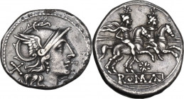 Star series. AR Denarius, uncertain Campanian mint (Capua?), 204 BC. Obv. Helmeted head of Roma right; behind, X. Rev. The Dioscuri galloping right; b...