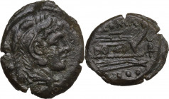 Helmet series. AE Quadrans, 206-195 AD. Obv. Head of Hercules right, wearing lion’s skin; behind, three pellets. Rev. Prow right; above, ROMA and befo...