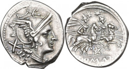 Pentagram (second) series. AR Denarius, uncertain Spanish mint (Cartagena?), 203 BC. Obv. Helmeted head of Roma right; behind, X. Rev. The Dioscuri ga...