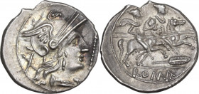 Staff and feather series. AR Denarius, uncertain Spanish mint (Tarraco?), 201 BC. Obv. Helmeted head of Roma right (curl on left shoulder); behind, X;...