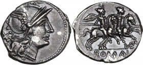 LPLH series. AR Denarius, uncertain Spanish mint, 203 BC. Obv. Helmeted head of Roma right; behind, X. Rev. The Dioscuri galloping right; below, LPLH ...