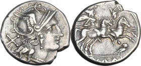 Owl series. AR Denarius, uncertain Spanish mint (Tarraco?), 206 BC. Obv. Helmeted head of Roma right; behind, X. Rev. The Dioscuri galloping right; be...