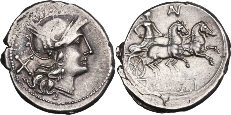 AN or AV series. AR Denarius, uncertain Spanish mint, 203 BC. Obv. Helmeted head...