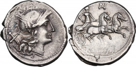 AN or AV series. AR Denarius, uncertain Spanish mint, 203 BC. Obv. Helmeted head of Roma right; behind, X. Rev. Luna in biga right; above, AV (or AN);...
