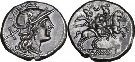 Crescent (second) series. AR Denarius, uncertain Spanish mint, 204 BC. Obv. Helmeted head of Roma right; behind, X. Rev. The Dioscuri galloping right;...