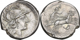 Bird and TOD series. AR Denarius, uncertain Spanish mint, 205 BC. Obv. Helmeted head of Roma right; behind, X. Rev. Luna in biga right; below, bird on...