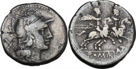 AVTR series. AR Denarius, uncertain Spanish mint, 203 BC. Obv. Helmeted head of Roma right; behind, X. Rev. The Dioscuri galloping right; below, AVTR ...