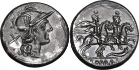 Cornucopiae series. AR Denarius, uncertain Spanish mint, 205 BC. Obv. Helmeted head of Roma right; behind, X. Rev. The Dioscuri galloping right; below...