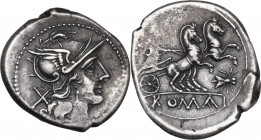 Fly series. AR Denarius, uncertain Spanish mint, 205 BC. Obv. Helmeted head of Roma right; behind, X. Rev. Luna in biga right; below, fly; in linear f...