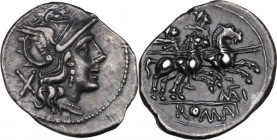 MAT series. AR Denarius, uncertain Spanish mint, 203 BC. Obv. Helmeted head of Roma right; behind, X. Rev. The Dioscuri galloping right; below, MAT (l...