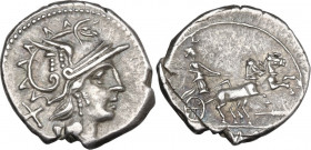 Feather series. AR Denarius, uncertain Spanish mint, 202 BC. Obv. Helmeted head of Roma right; behind, X. Rev. Luna in biga right; below, feather (or ...