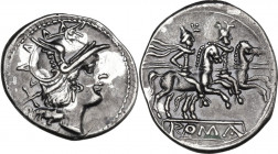 Anonymous. AR Denarius, uncertain Spanish mint (Tarraco?), 202 BC. Obv. Helmeted head of Rome right; behind, X. Rev. The Dioscuri galloping right ; in...