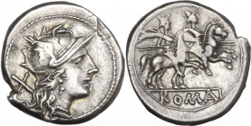 Anonymous. AR Denarius, uncertain Spanish mint, 202 BC. Obv. Helmeted head of Rome right; behind, X. Rev. The Dioscuri galloping right; in linear fram...