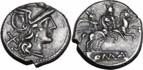 Anonymous. AR Denarius, uncertain Spanish mint, 202 BC. Obv. Helmeted head of Rome right; behind, X. Rev. The Dioscuri galloping right; in linear fram...
