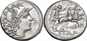 C. Maianius. AR Denarius, 152 BC. Obv. Helmeted head of Roma right; behind, X. Rev. Victory in biga right; below horses, C. MAIANI ligate; in exergue,...