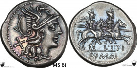 L. Iteius. AR Denarius, 149 BC. Obv. Helmeted head of Roma right; behind, X. Rev. The Dioscuri galloping right; below, L·ITI; in linear frame, ROMA. C...
