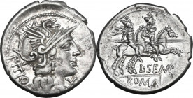 L. Sempronius Pitio. AR Denarius, 148 BC. Obv. Helmeted head of Roma right; behind, PITIO; before, X. Rev. Dioscuri galloping right; below, L.SEMP; in...