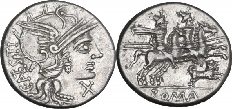 C. Antestius. AR Denarius, 146 BC. Obv. Helmeted head of Roma right; behind, C. ...