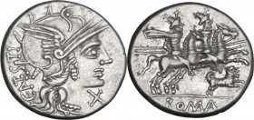 C. Antestius. AR Denarius, 146 BC. Obv. Helmeted head of Roma right; behind, C. ANTESTI; before, X. Rev. The Dioscuri galloping right; below, dog runn...