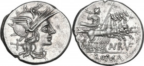 Aurelius Rufus. AR Denarius, 144 BC. Obv. Helmeted head of Roma right; behind, X. Rev. Jupiter in quadriga right; below horses, AVRVF ligate; in exerg...