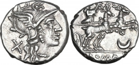 Anonymous. AR Denarius, 143 BC. Obv. Helmeted head of Roma right; behind, X. Rev. Diana in biga of stags right; below, crescent; in exergue, ROMA. Cr....