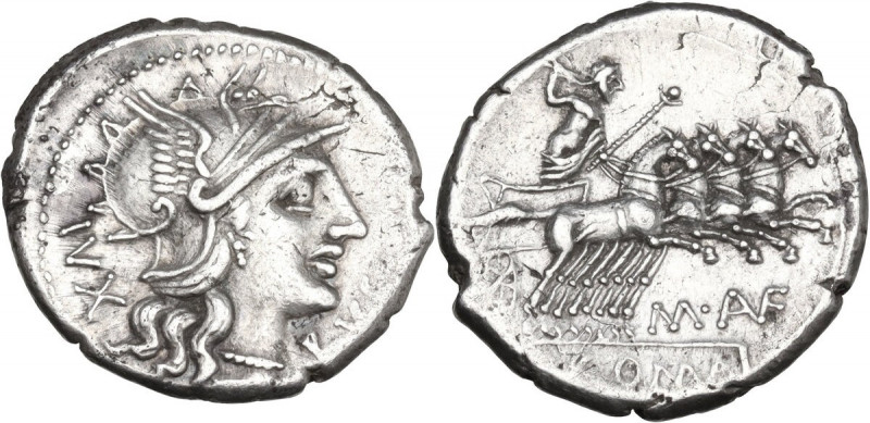M. Aufidius Rusticus. AR Denarius, 140 BC. Obv. Helmeted head of Roma right; beh...