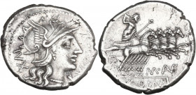 M. Aufidius Rusticus. AR Denarius, 140 BC. Obv. Helmeted head of Roma right; behind, XVI retrograde (mark of value); below chin, RVS. Rev. Jupiter in ...