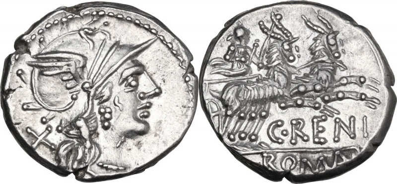 C. Renius. AR Denarius, 138 BC. Obv. Helmeted head of Roma right, X behind. Rev....