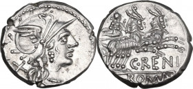 C. Renius. AR Denarius, 138 BC. Obv. Helmeted head of Roma right, X behind. Rev. Juno Caprotina in biga of goats right, C. REN[I] below goats, ROMA in...