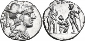 Ti. Veturius. AR Denarius, 137 BC. Obv. Draped bust of Mars right, X and TI. VET behind. Rev. Sacerdos fecialis kneeling left, between two warriors wh...