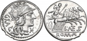 L. Antestius Gragulus. AR Denarius, 136 BC. Obv. Helmeted head of Roma right; below chin, barred X; behind, GRAG. Rev. Jupiter in fast quadriga right,...