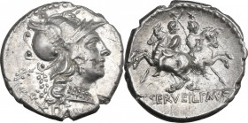 C. Servilius M.f. AR Denarius, 136 BC. Obv. Helmeted head of Roma right; behind, wreath; below, barred X and ROMA. Rev. The Dioscuri galloping in oppo...