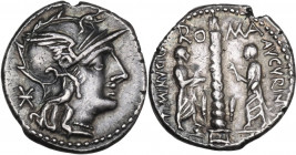 Ti. Minucius C. f. Augurinus. AR Denarius, 134 BC. Obv. Helmeted head of Roma right; behind, barred X. Rev. RO-MA above, divided by Ionic column on wh...