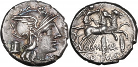 M. Marcius Mn. f. AR Denarius, 134 BC. Obv. Helmeted head of Roma right; below chin, X; behind, modius. Rev. Victory in biga right; below, M MARC/ROMA...