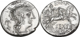 Sex. Julius Caesar. AR Denarius, 129 BC. Obv. Helmeted head of Roma right; behind, anchor; below chin, barred X. Rev. Venus Genetrix, crowned by Cupid...