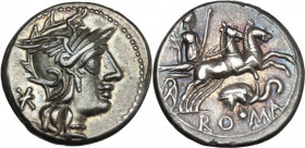 L. Caecilius Metellus Diadematus. AR Denarius, 128 BC. Obv. Helmeted head of Roma right; behind, barred, X. Rev. Goddess in biga right; below, elephan...