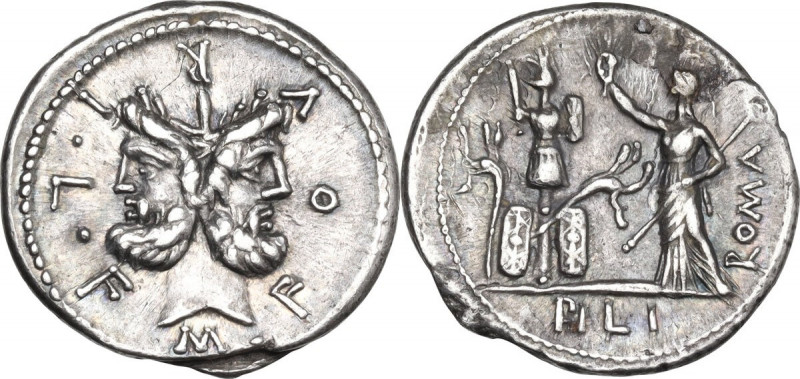 M. Furius L.f. Philus. AR Denarius, 119 BC. Obv. M. FOVRI. L. F. Laureate head o...