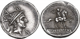 L. Philippus. AR Denarius, 113 or 112 BC. Obv. Head of Philip of Macedon right, wearing royal Macedonian helmet; under chin, Φ; behind, ROMA monogram....