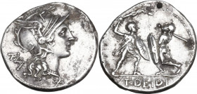T. Didius. AR Denarius, 113-112 BC. Obv. Helmeted head of Roma right; behind, ROMA in monogram; below neck truncation, barred X. Rev. Battle between t...