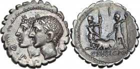 C. Sulpicius C.f. Galba. AR Denarius serratus, 106 BC. Obv. Jugate, laureate heads of Dei Penates left; before, D. P. P. Rev. Two male figures standin...