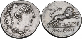 L. Thorius Balbus. AR Denarius, 105 BC. Obv. Head of Juno of Lanuvium right, wearing goat's skin, I.S.M.R. behind. Rev. Bull charging right, M above, ...
