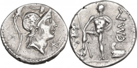 C. Poblicius Malleolus, A. Postumius Sp. f. Albinus and L. Metellus. AR Denarius, 96 BC. Obv. Helmeted head of Mars right; above, hammer and below chi...