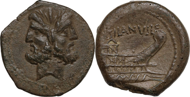D. Silanus L.f. AE As, 91 BC. Obv. Laureate head of Janus. Rev. Prow right; [D]S...