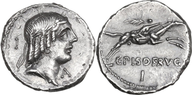 L. Calpurnius Piso Frugi. AR Denarius, 90 BC. Obv. Laureate head of Apollo right...