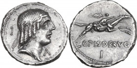 L. Calpurnius Piso Frugi. AR Denarius, 90 BC. Obv. Laureate head of Apollo right; behind, I and below chin, A. Rev. Horseman galloping right, holding ...